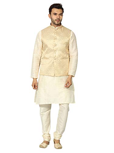 Image of Uri and MacKenzie Men's Silk Blend Regular Kurta Churidar Pyjama with Bundi Nehru Jacket /Waistcoat