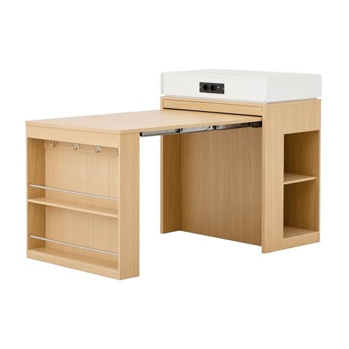 Isla de cocina con ruedas, mesa de comedor extensible con tablero plegable, mesa de bar con regletas y ganchos, sirve como isla de cocina, aparador o mesa de bar para cocina y comedor (natural) - imagen 8