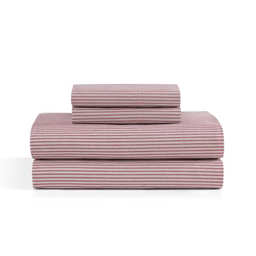Image of Tommy Hilfiger - Sheet Set, Cotton Percale Bedding with Matching Pillowcases, Crisp & Cool, Premium Quality Home Essentials (Highland Ticking Stripe Red, Full)