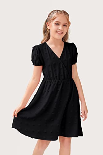 NHDBCUF Girls' Swiss Dot Dress Kids Casual Babydoll V-Neck Flowy A Line Party Swing Mini Dresses for 5-14 Years2