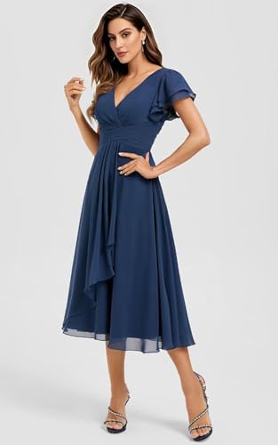Women's Short Chiffon Bridesmaid Dress with Ruffles Flutter Sleeve V-Neck Cocktail Formal Gowns 2025 with Pockets4
