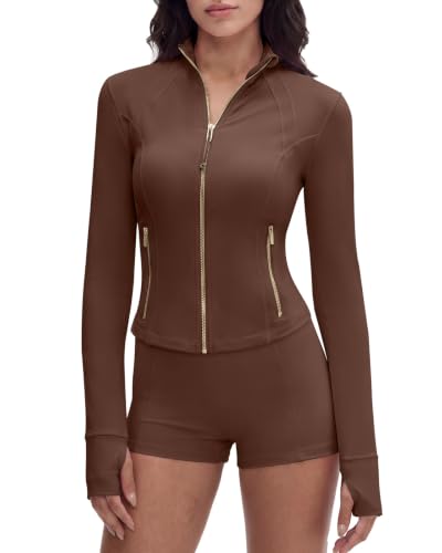SUUKSESS Women Golden Full Zip Up Workout Cropped Jackets Lightweight Slim Fit Athletic Yoga Tops with Thumb Holes (Chocolate S)