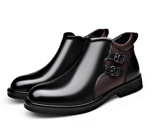 Men's Leather Buckle Low Heel Chelsea Boots Classic Round Toe Side Zipper Non-Slip Dress Business Booties for Driving Office Work4