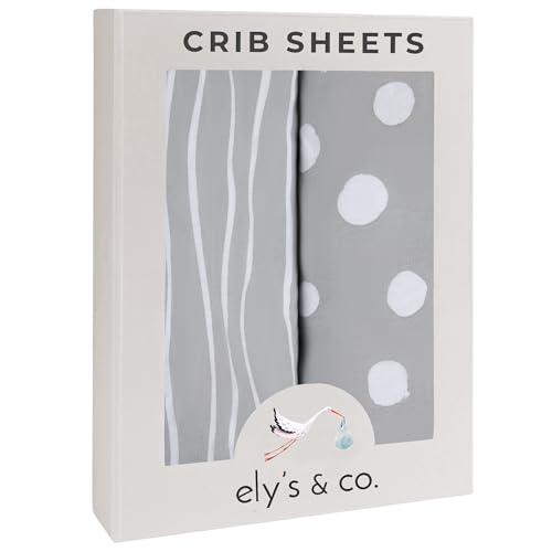 Crib Sheet Set | Toddler Sheet Set 2 Pack 100% Jersey Cotton Grey and White Abstract Stripes and Dots by Ely's & Co