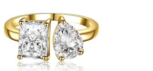 Adjustable Toi Et Moi 14K Gold Plated Engagement Ring for Women Radiant-Cut & Pear-Shaped AAAAA Cubic Zirconia Fake Wedding Ring|Statement Promise Ring for her Choose Open Size 5-9
