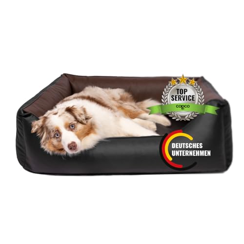CopcoPet Hundebett mittelgroße Hunde – Waschbares Hundekissen 【Wendebett】 Hundekorb aus Kunstleder - Formstabiles Hundesofa - Hundekörbchen mit erhöhten Rand, Dog Bed Schwarz/Braun 90 x 70 cm