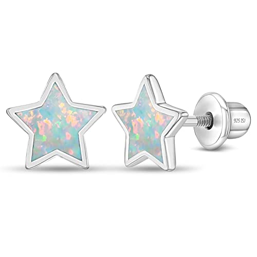 925 Sterling Silver Simulated Opal Star Screw Back Earrings for Little Girls, Pre-Teens and Teens 8mm - Celestial Star Earrings for Girls - Glittering Earrings for Young Girls