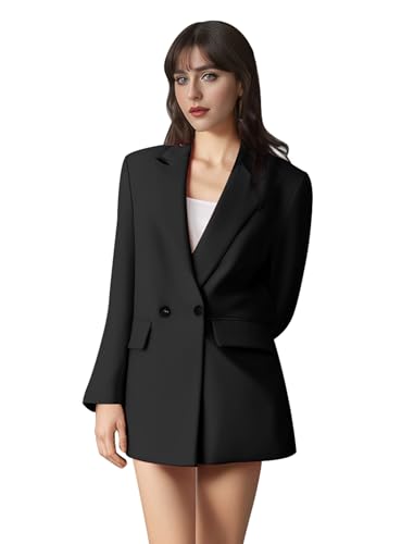 AGYMNX Femme Blazer Veste El�gante Costume Ouvert Cardigan L�ger Double Poitrine avec Poches Bureau Business R�union Printemps Automne Basic Casual Slim Fit S-L Noir M