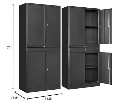 Image of SISESOL Metal Garage Storage Cabinet with Drawer and Lock,Black Metal Storage Cabinet with Locking Doors and Adjustable Shelves,71 inch Tall Large Steel Tool Cabinets for Home,Office,Garage,Shop