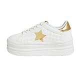 BELOS Fashion Platform Women Sneakers Faux Suede Stars Holographic Rainbow Walking Shoes(White Gold,10)
