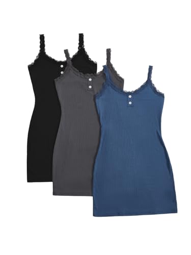 Image of SOLY HUX Women's 3 Packs Nightgowns Soft Sexy Lace Trim Sleep Dress Chemise Pajamas Sleepwear Cami Mini Slip Dresses