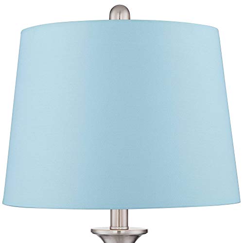 Regency Hill Blair Traditional Table Lamps 25" Tall Set Of 2 Brushed Nickel Silver Metal Candlestick Blue Hardback Fabric Drum Shade For Bedroom Living Room House Bedside Nightstand Office #TOP30