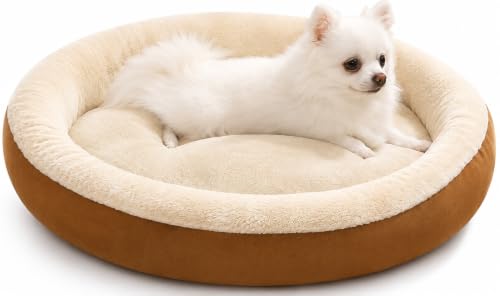 Dog Bed Indoor High Cushion Pet Beds Round Fluffy Cozy Plush Cuddly Cat Mat Cute Cartoon Soft Bed for Puppies and Cats (Light Brown)