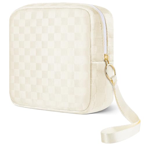 Image of Likesing Upgraded 5.3 inch Checkered Mini Makeup Bag, Beige Small Cosmetics Bag for Purse, Portable Small Makeup Pouch with Wrist Strap, Thickened Travel Mini Toiletry Bag for Womens Girls