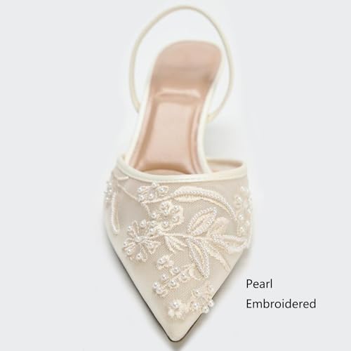 Lymphvity Women's Mesh Embroidered Slingback Heels with Bead Elegant Backless Kitten Heels Pointed Toe Wedding Bridal Dress Pumps Shoes3