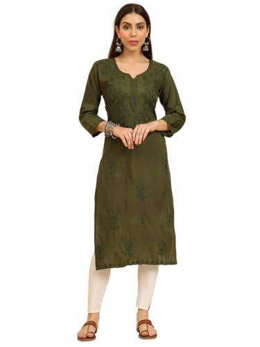 Image of Women's Chikankari-Lucknowi Embroidered Work | 3 /4 Sleeve | Knee Length | Round Neck | Cotton Fabric | Straight Kurta
