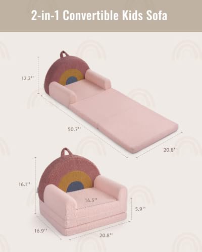 Image of Blissful Diary Foldable Kids Couch, 2-in-1 Comfy Kids Chair for Reading, Playroom, Kids Couch Sofa for Girls Boys Birthday Gift, Blush Rainbow