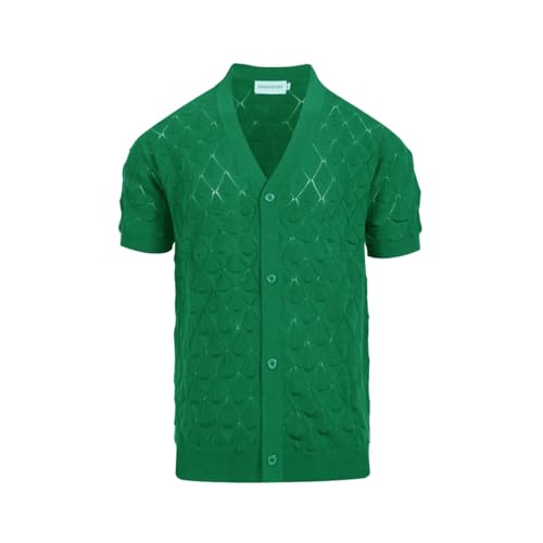 OXKNIT Men's Knitted Vintage Polo Shirt V Neck Button Down Shirts Short Sleeve Dark Green Summer Shirt