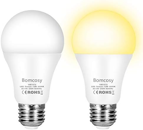 Bomcosy Led Dusk to Dawn Light Sensor Bulb A19 12W E27 1000LM 100W Equivalent Auto On Off Bulb for Indoor Courtyard Porch Garage Garden 3000K Warm White 2Pack