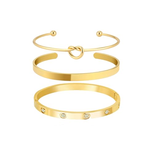 YOUNGGRACE 18K Gold Plated Bracelets for Women Stackable Set – 3 Pcs Gold Jewelry Set with Cuff & Bangle, Adjustable Nail Bracelet Women, Dainty Gold Bangles for Layering, Trendy Gift for Mom, Wife