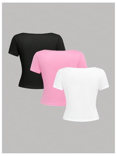 Image of SOLY HUX Girl's Summer Tops 3 Pack Cute Clothes Short Sleeve Square Neck Regular Fit T Shirts Casual Basic Tees White Pink Black 12Y