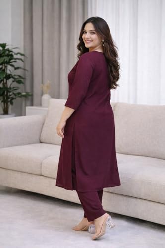 Image of Rayon Plain V Neck Kurta Pant Set for Women and Girls