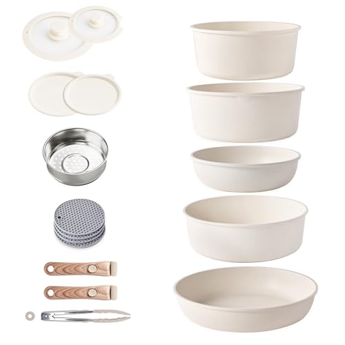 RIOVARM Induction Batterie de cuisine avec Poignées Détachables, Empilables Antiadhésive Granit...