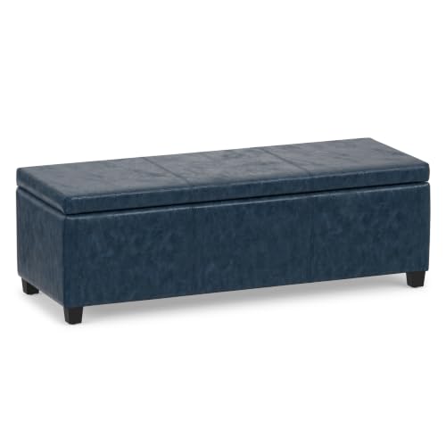 Image of SIMPLIHOME Avalon 48 inch Wide Vegan Leather Storage Ottoman in Denim Blue