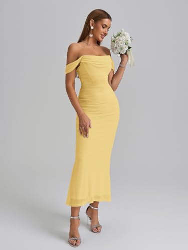 Image of KUTUMAI Off The Shoulder Maxi Long Dress Corset Ruched Bodycon Cocktail Formal Wedding Guest Dresses for Women