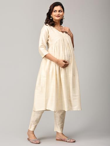 Image of The Mom Store Women's Raw Silk Maternity and Nursing Kurta Set | Front Zipper for Easy Feeding Pre and Post Pregnancy
