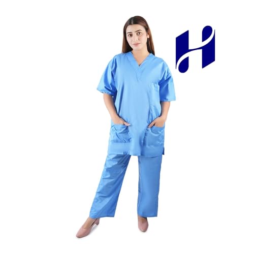 Image of Comfort Scrub Suit for Women - 5-Pocket Set with V Neck Top & Bottom, Half Sleeves, Breathable Fabric - Durable Uniform for Doctors, Nurses, and Dentists in Sky Blue (L, BLUE)