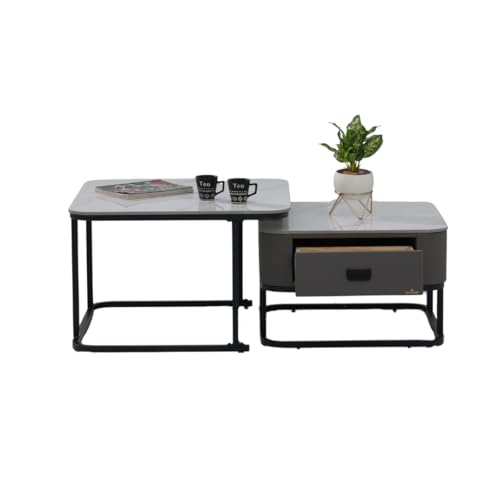Image of Royaloak Genting Malaysian Square Sintered Top Coffee Table Set of 2 | Nesting Coffee Table for Living Room with Modern Nested Design, Drawer Storage, Glossy Surface & Powder-Coated Metal Frame