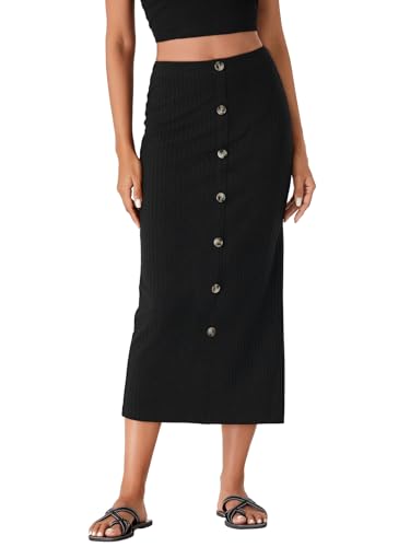 Vrtige Women's Stretchy Knit Pencil Skirt Elastic High Waist Button Split Bodycon Midi Skirt