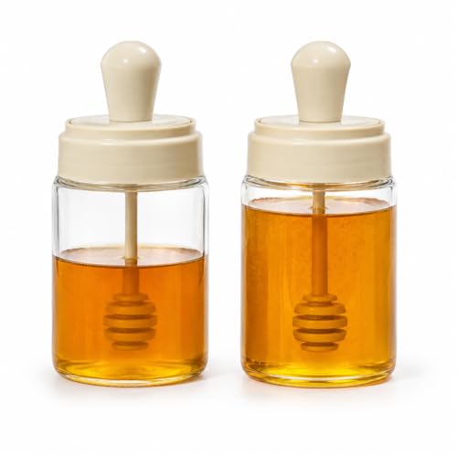 Set of 2 Honey Jars with Built-in Dipper (250ml) Clear Condiment Pot with Easy-Access Spoon Lid Elegant Dispenser for Syrup Jam & Kitchen Seasonings (14.5 x 6.5 cm)