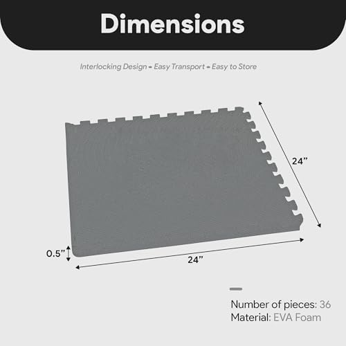Image of BalanceFrom Puzzle Exercise Mat 1 /2 inch Thick, EVA Interlocking Foam Floor Tiles for Home Gym, Mat for Home Workout Equipment, Floor Padding for Kids, Gray, 24 in x 24 in x 1 /2 in, 144 Sq Ft - 36 Tiles | Tiles for Home Gym, Mat for Home Workout Equipment, Floor Padding for Kids, Gray, 24 in x 24 in x 1 /2 in, 144 Sq Ft-36 Tiles