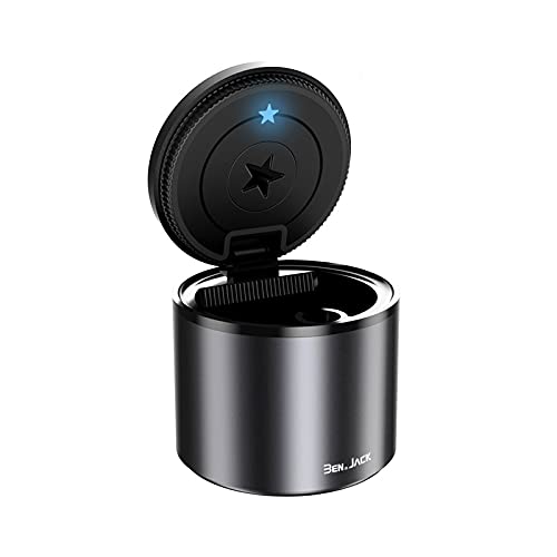 Cendrier Voiture Anti Odeur Portable, Cendrier de Voiture LED Fermé Métal, Cendrier avec Couvercle étanche Inox Sans Fumée, pour Exterieur, Bureau, Auto etc (Noir)