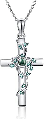 SLIACETE Turquoise/Jade/Mustard Seeds Cross Necklace with Vines 925 Sterling Silver Cross Pendant Necklace for Women Cross Jewelry Mother Day Birthday Christmas Gifts for Mom Daughter Wife Girlfriend