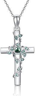 SLIACETE Turquoise/Jade/Mustard Seeds Cross Necklace with Vines 925 Sterling Silver Cross Pendant Necklace for Women Cross Jewelry Mother Day Birthday Christmas Gifts for Mom Daughter Wife Girlfriend