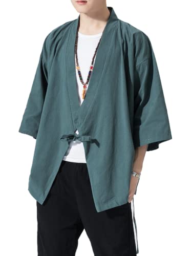 Image of Men's Japanese Kimono Cardigan Loose Cotton Linen 3 /4 Sleeve Open Front Casual Summer Shirt Jackets