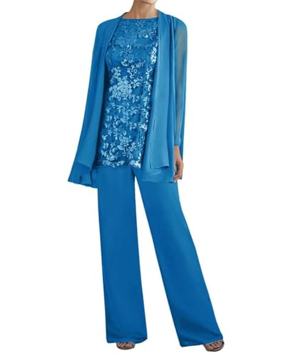 Image of 3 Pieces Mother of The Bride Dresses Pant Suits - Lace Chiffon Long Sleeve Grandmother Dresses with Jacket