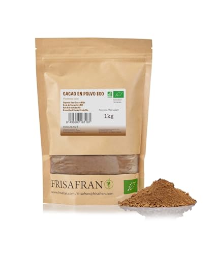 FRISAFRAN | Cacao Ecológico en Polvo 1kg | Organico | Natural y Puro | Cacao Crudo | cacao puro en polvo | Plantación de cacao Theobroma | Beneficioso para la piel y pelo | Cultivado en Perú