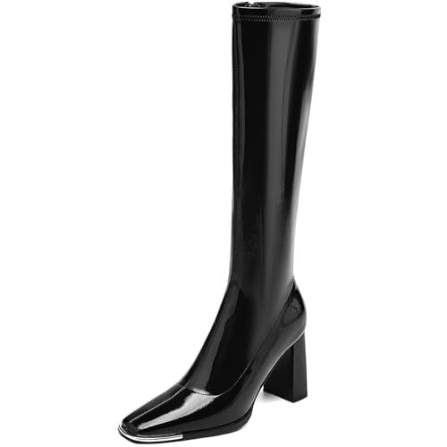 Knee High Boots Women Chunky Heel Fashion Faux Leather Tall Boots Square Toe Block Heeled Long Riding Boots Matte