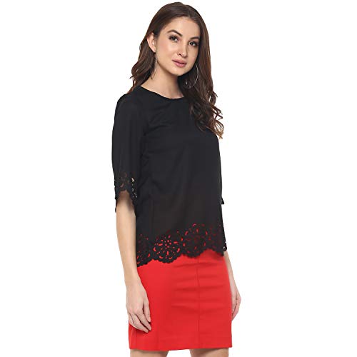 Image of mayra Women's Black Color 3 /4 Sleeve Laser Cut Out Top