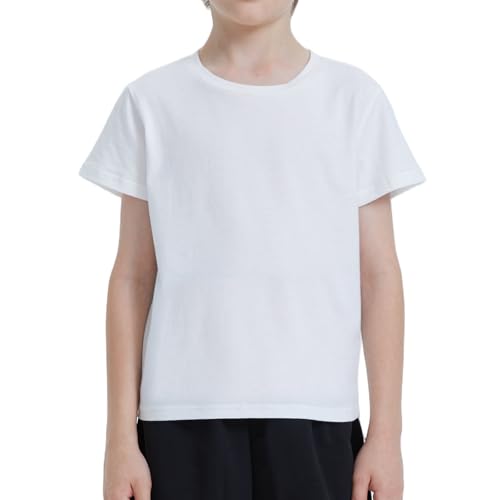 Ewbob Kinder T-Shirt 100% Baumwolle Einfärbig Rundhals für Jungen und Mädchen Tshirt 5-13 Jahre Basic Shirt Hautfreundlich Bequem Geeignet für Alltag Freizeitausflüge Sport C14 White 11-12J