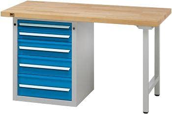 Banco da lavoro combinato grigio/blu 1500 x 700 x 40 mm, 5 cassetti 410.428