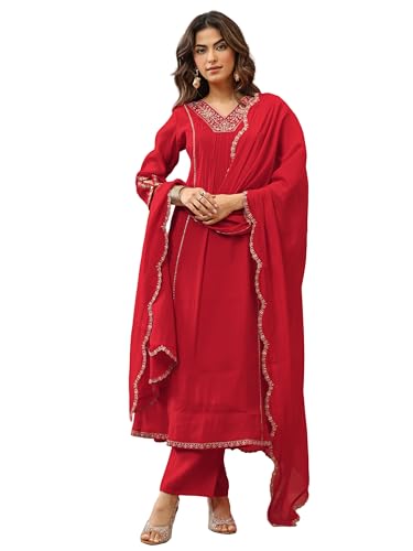Image of Libas Embellished Silk Blend A Line Kurta With Trouser and Dupatta | ethnic wear | bridal suit | wedding dress | occasion wear