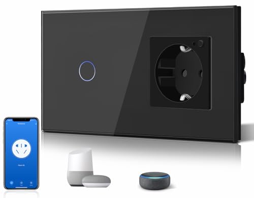 BSEED WiFi Smart Alexa Lichtschalter mit Steckdose 1 Gang 1 Weg Schwarz Neutrale Leitung Benötigt, Kompatibel mit Google Home Tuya, Glas Touchscreen-schalter Wlan Lichtschalter