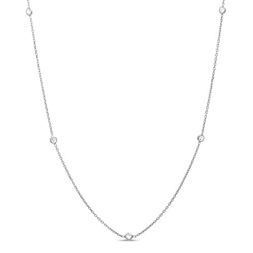 Women's Necklace - 925 Sterling Silver By the Yard Station Bezel Set Crystal Delicate Link Chain Necklace