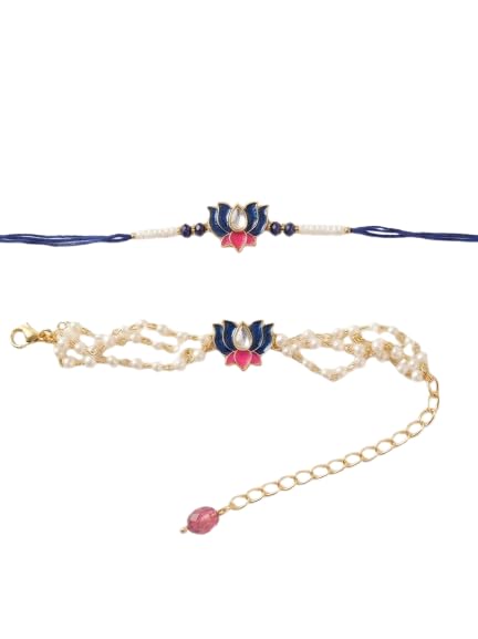 Lotus Rakhi and Lumba Bracelet Set, Blue and Pink Meenakari-picture-49