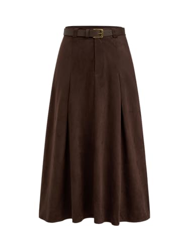 CIDER Womens Faux Suede Maxi Skirts Pleated High Waist A-Line Skirt with Belt Vintage Going Out Outfit Fall Trendy